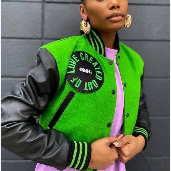 Emerald Kelly Green Cropped Letterman Varsity Jacket | Wool & Leather | Small - Picture 3 of 16